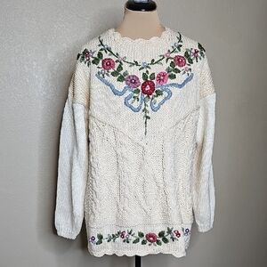 Vintage Hand Knit Cottagecore Floral Blue  Bow Cream Cable Sweater Pearl Accents